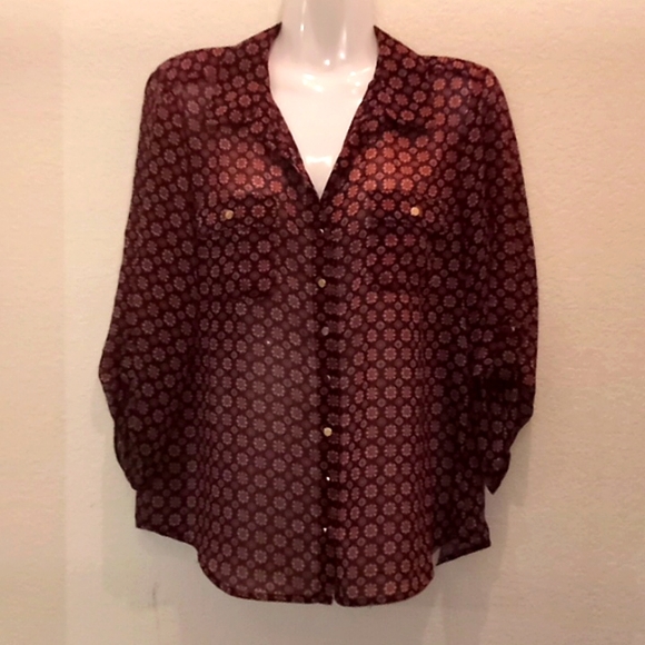 Dress Barn Sheer Printed Roll Tab Sleeve Blouse - Picture 3 of 11
